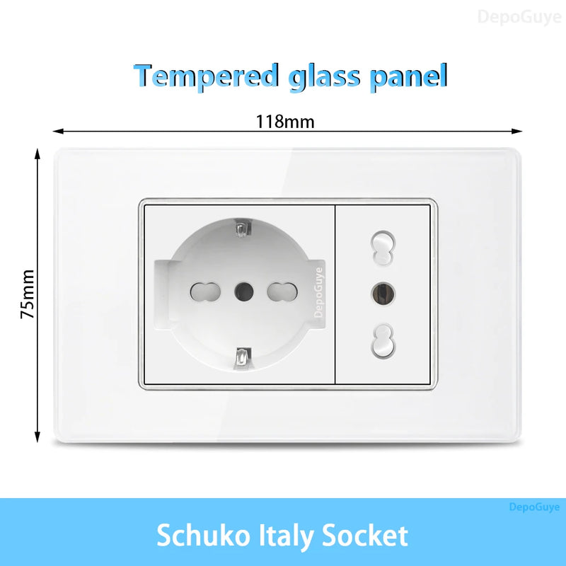 White Tempered Glass Italy USB Type C Smart Fast Charging Wall Socket Plugs Schuko Light Switch Panel Chile TV Sat Computer CAT6