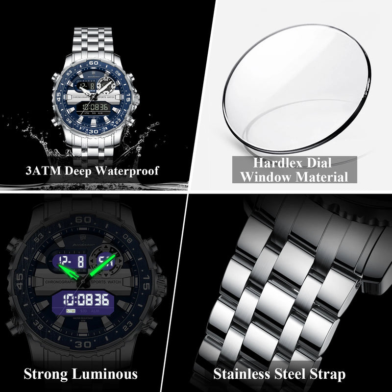 POEDAGAR Top LED Man Clock Waterproof Electronic Luxury Men's Watches Dual Time Display Digital Stainless Steel Men Quartz Watch