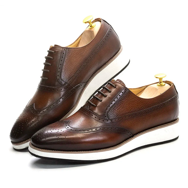 Men's Real Leather Oxford Shoes Classic Wing Tip Toe Lace-Up Handmade Comfortable Casual Sneakers for Business Office