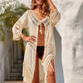 Boho Bikini Cover-up for Women Summer Hand-crochet Tassel Fringe Knitted Hollow-out V-neck Long Beach Robe