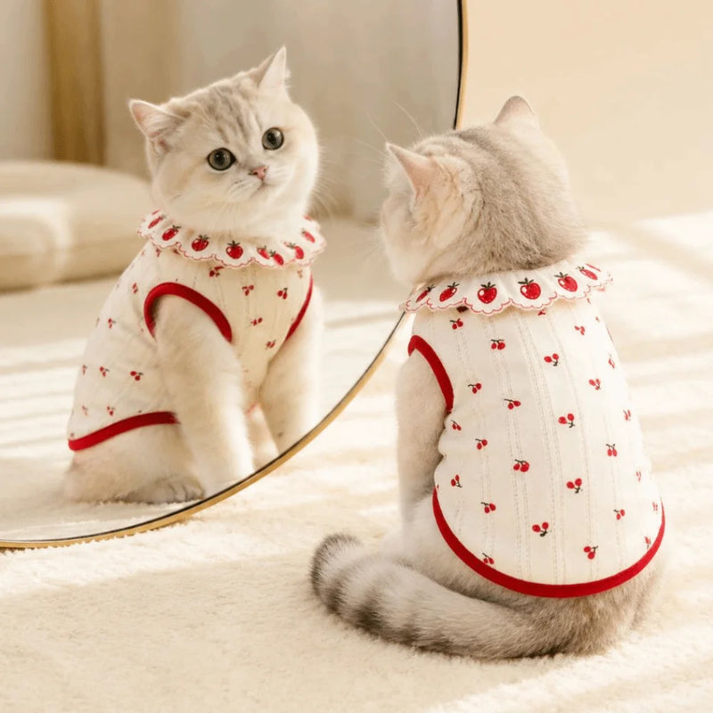 Cute Cherry Pattern Cat Flower Edge Vest Thin Breathable Cat Pullover Comfortable Sweet Pet Shirt Pet Clothing