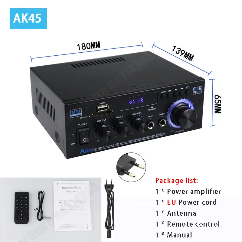 HiFi Digital Amplifier AK45 Bluetooth Amplify MP3 Channel 2.0 Surround Sound Amplifiers Support 90V-240V for Home Car MAX 350W*2