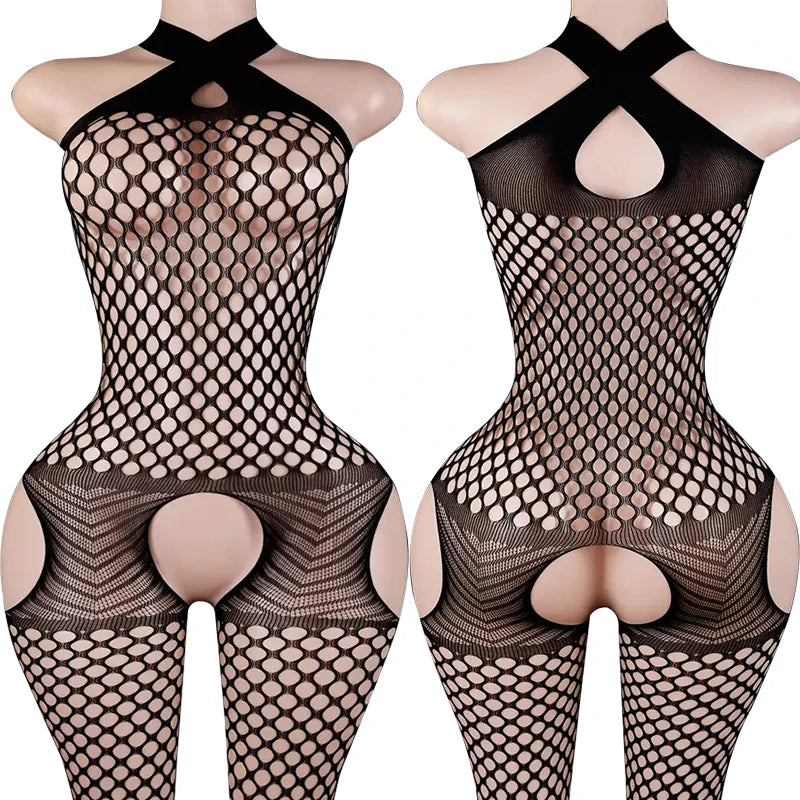 Sexy Crotchless Lingerie For Women Fishnet Teddy Bra Set Erotic Costumes Stretch Mesh Hollow Bodystockings Female Underwear Sets