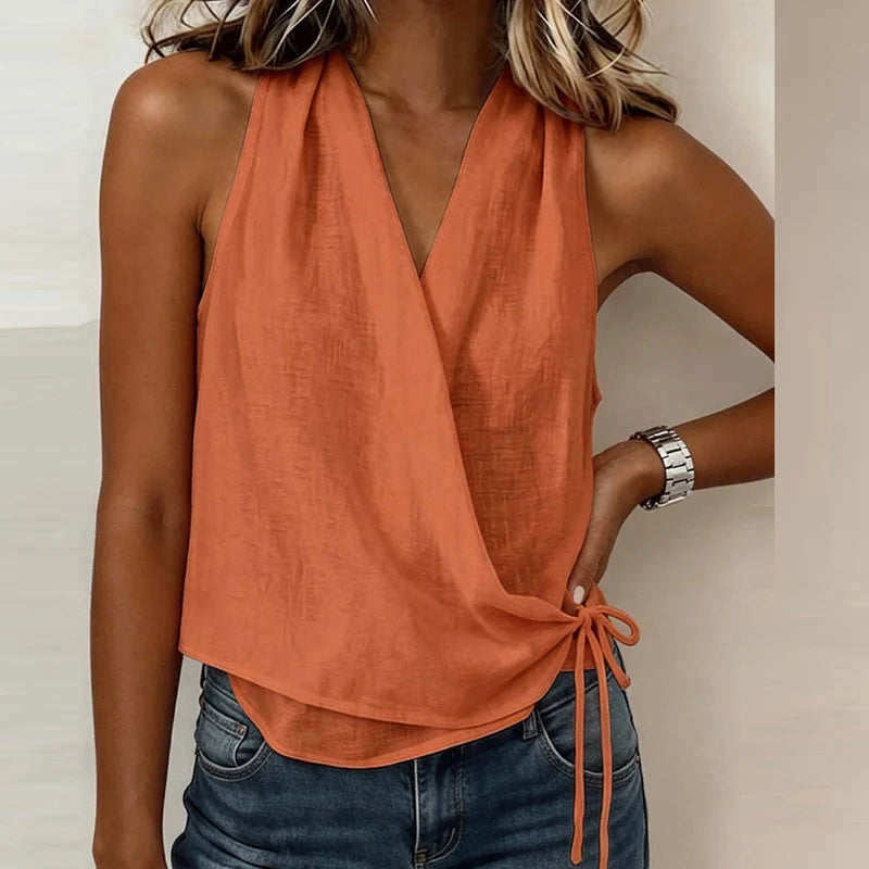 New Summer Women Sleeveless T-Shirts Blue V Neck Lace Up Vest Women Tank Tops Female Casual T Shirts Loose Tee Pullovers