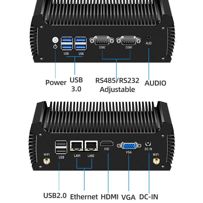Fanless Industrial Mini PC Intel I3-8130U I5-8250U 2x DB9 RS232 RS485 2x LAN 6x USB Mini PCIe GPIO WiFi 4G LTE Win10/11 Linux
