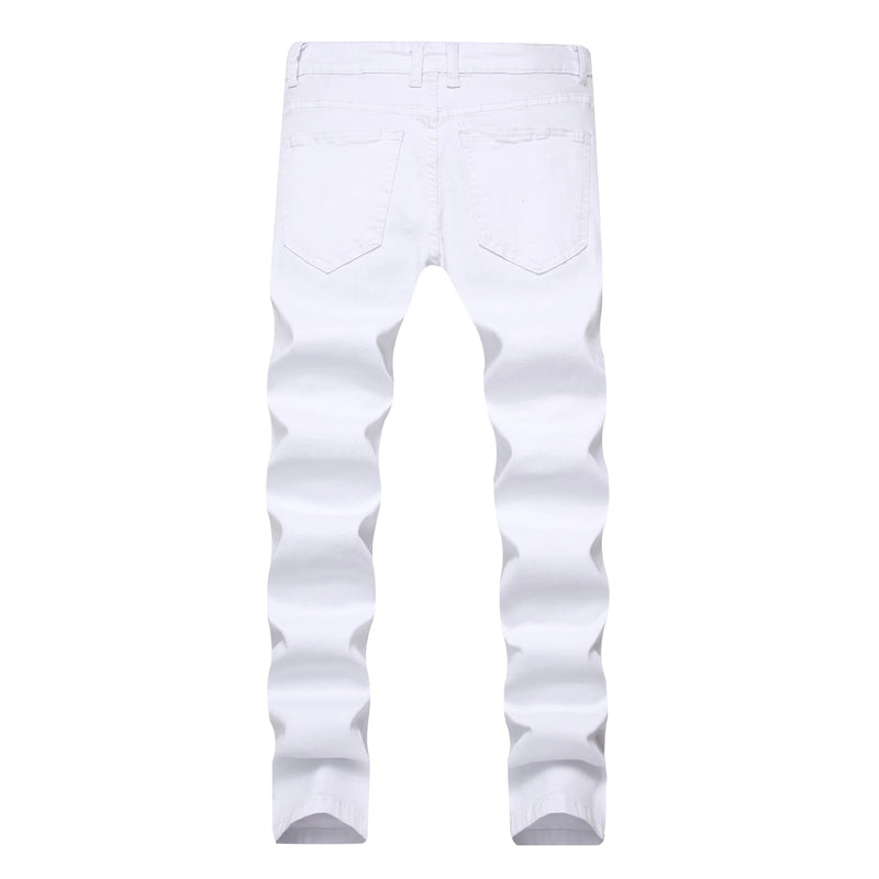 Men's White Stretch Jeans for Fall, Distressed Denim | SAMAG