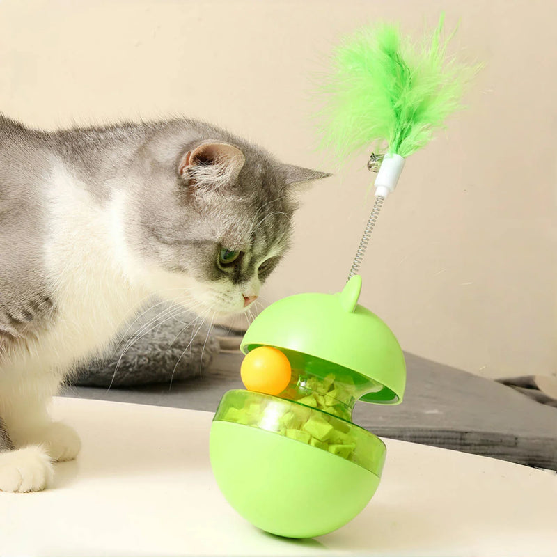 Frog Wobbler Cat Toy with Feather Teaser Spin Tipping Motion Treat Dispenser Self Feeder for Indoor Solo Play