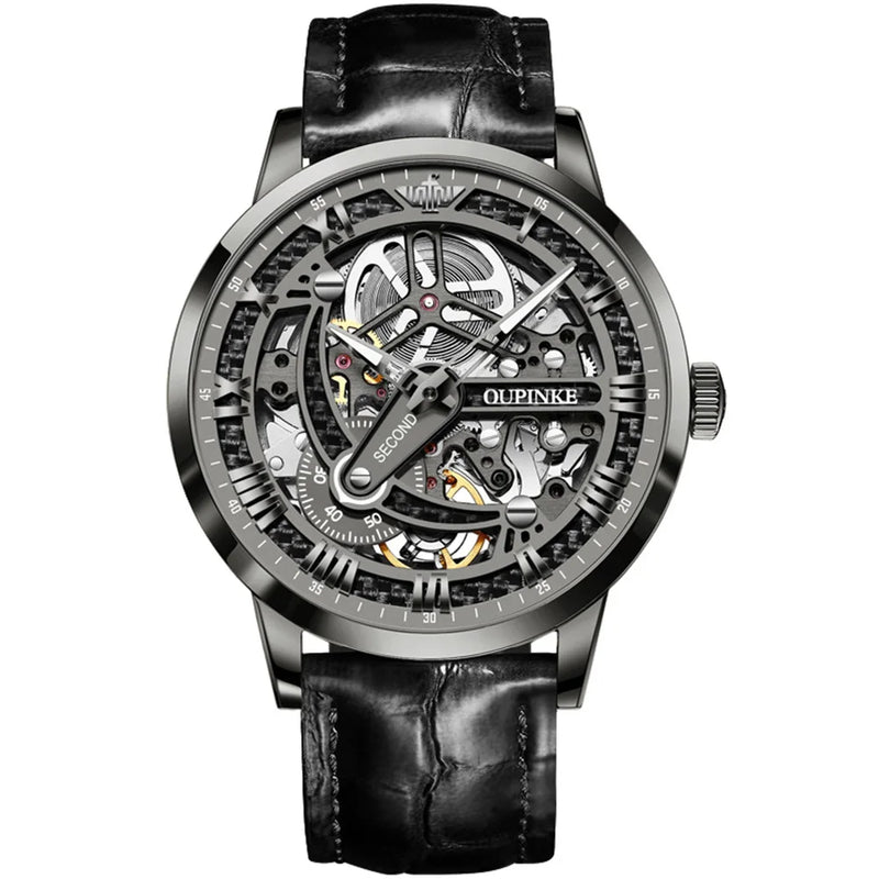 OUPINKE 3173 Fully Transparent Hollowed Automatic Mechanical Watches for Man Luxury Original Leather Strap Waterproof Mens Watch