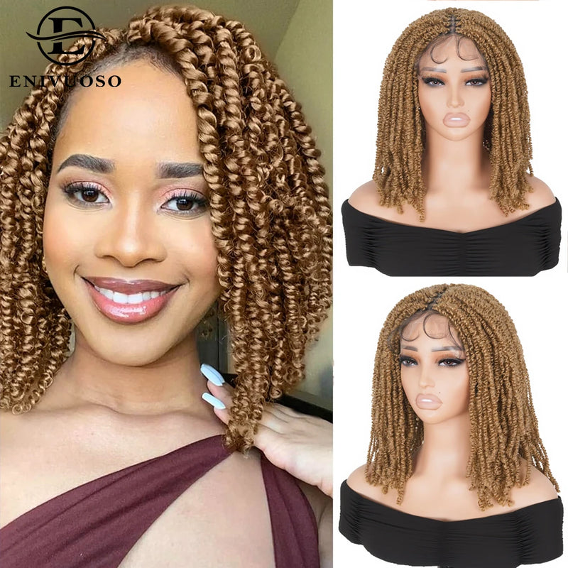 Synthetic Full Lace Braided Wigs Spring Twist Wig for Black Women 14 Inch Short Bob Knotless Box Braids Double Lace Twist Wigs