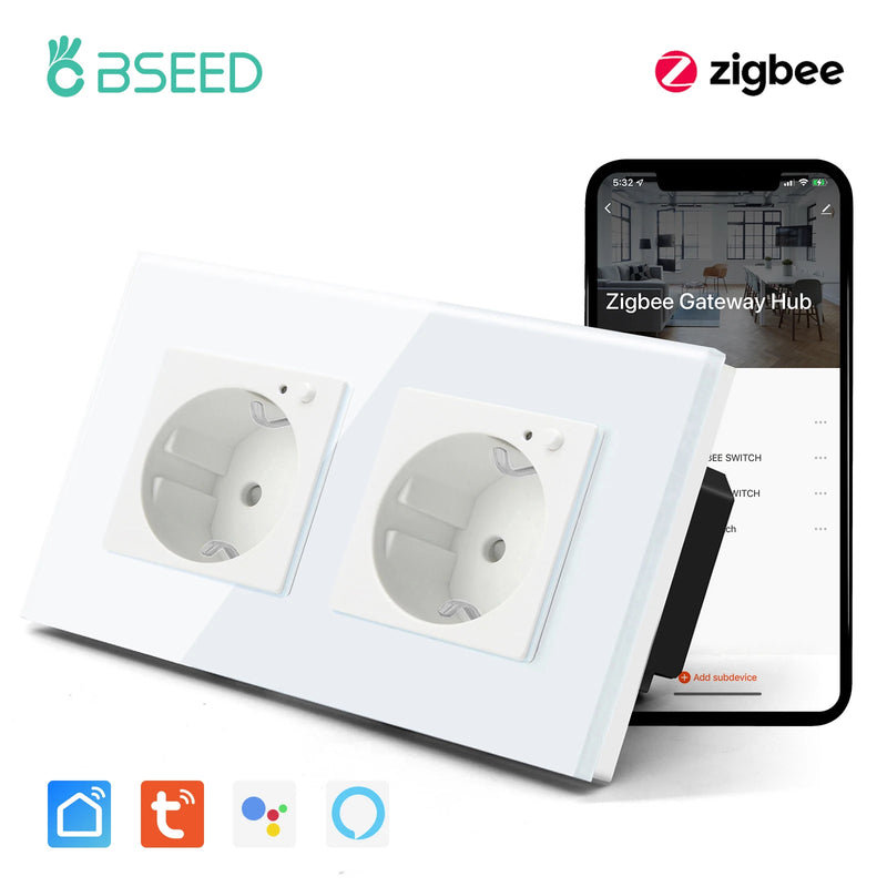 BSEED 1/2/3Gang Zigbee Touch Switch Wall Light Switch With Smart EU Socket Support Google Alexa Tuya Control No Neutral Line