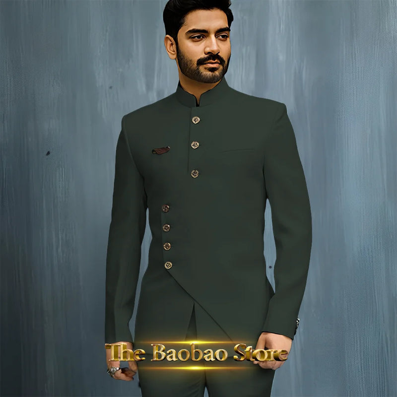 Matching Design Men's Suit 2pcs African/Indian Safiri Attire Customized Set with Gold Button for Wedding Party Formal Events