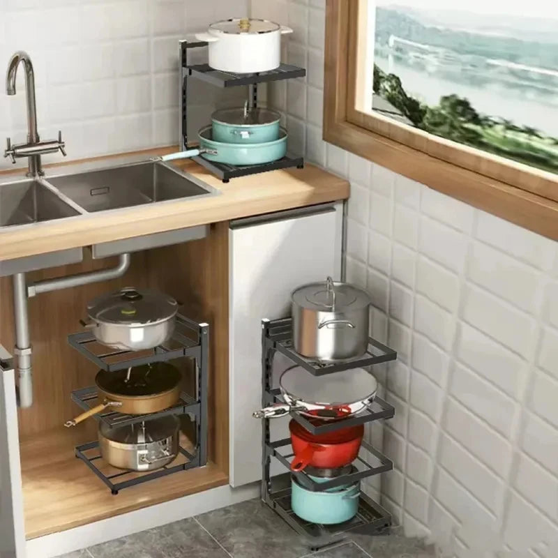 Kitchen Shelf Space - saving Kitchenware Storage Rack Adjustable Pot 3 - 4 Tiers Under Sink/Corner - View 4 | SAMAG