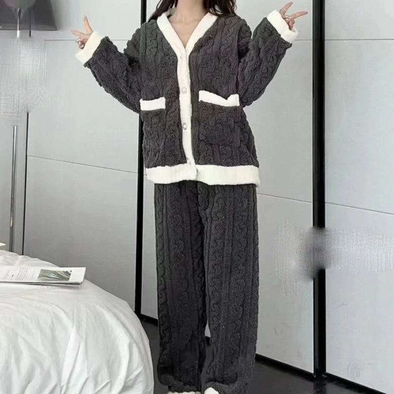 Women's Pajamas Set Winter Sleepwear O-neck Loose Long Sleeve Top Elastic Waist Leg Pant Sets Trousers Plus Size Matching Sets