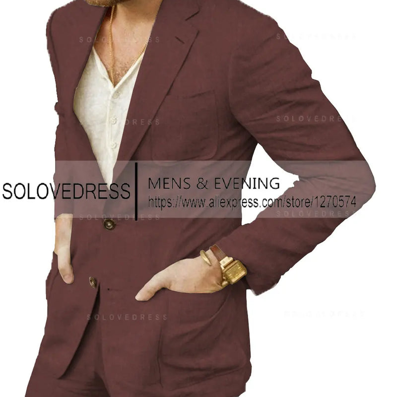 Summer Linen Suit Men Casual Party Classic Blazer Pants 2 Pieces Holiday Travel Tailor-made Breathable Cool Male Outfits