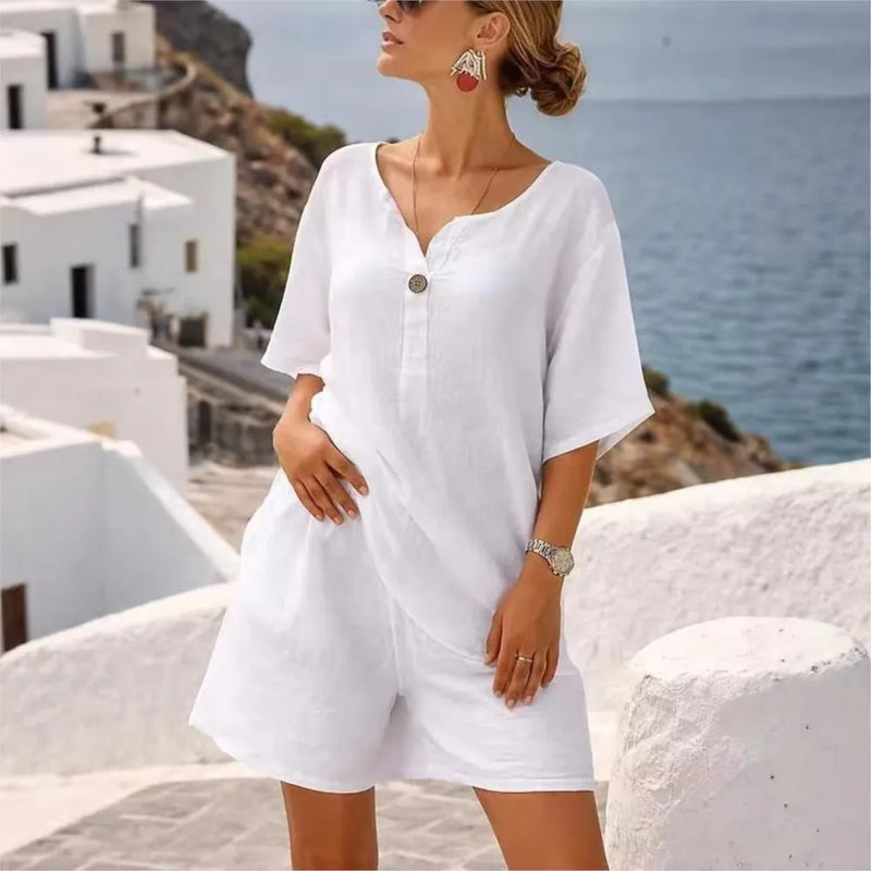 Summer Cotton Linen Casual Short-sleeved Tops Women's Suit New Fashion Female Beach Vacation 5 Point Straight Shorts 2piece Set
