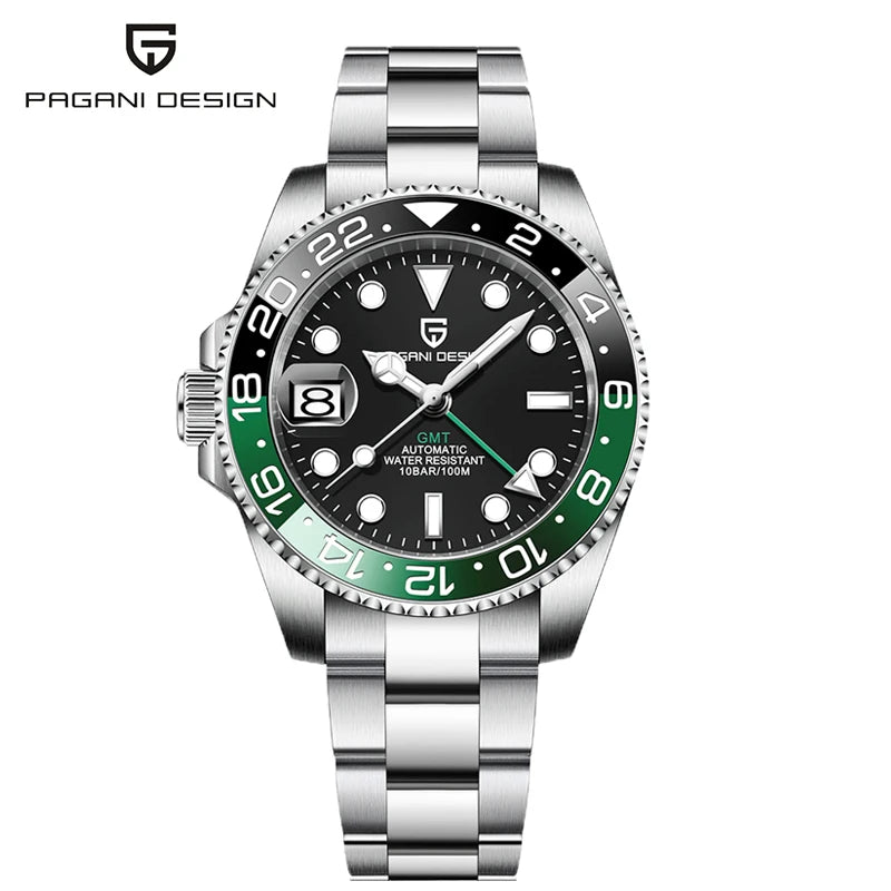 Top PAGANI DESIGN PD1662 Men GMT Automatic Mechanical Watch Black Ceramic Bezel Sapphire Glass 100M Waterproof Jubilee Stainless Steel Bracelet Sports Diver Wristwatch Reloj Hombre+gift box
