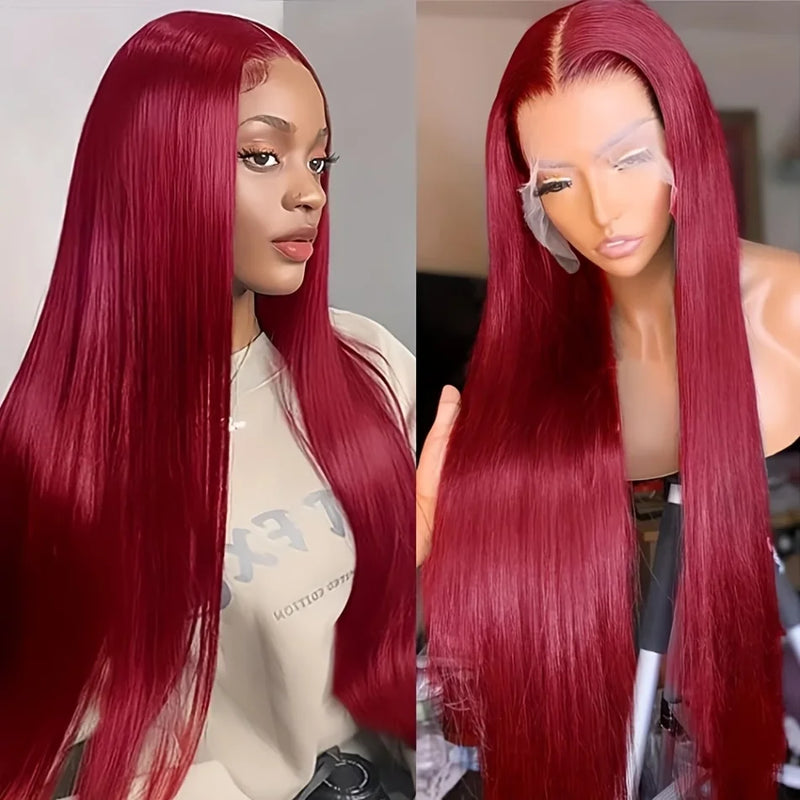 99J Burgundy Pre Colored Straight Lace Frontal Wigs For Women Pre Plucked Invisible Pre Cut Lace Brazilian Hair 13X6 Hd Transparent Lace Front Human Hair Wigs