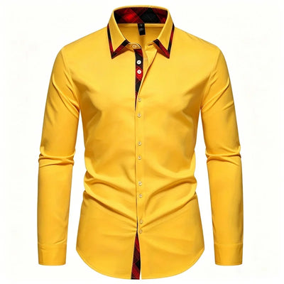 Men's Slim Fit Dress Shirt Plaid Patchwork Collar Long | SAMAG