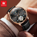 OLEVS 7009 Business Skeletonizing Mechanical Watch Gift Round-dial Genuine Watchband Wristwatch Week Display Calendar Men Watch