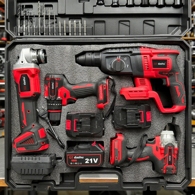 Brushless Power Tool Kit - 21V Lithium Electric Impact Wrench, Angle Grinder & Hammer Drill with Battery - View 2 | SAMAG