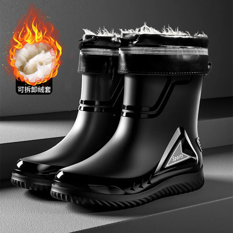 Rain Shoes Men's Medium Tube Non-slip Waterproof Shoes Outdoor Water Boots Thermal Short Tube Rubber Shoes Men