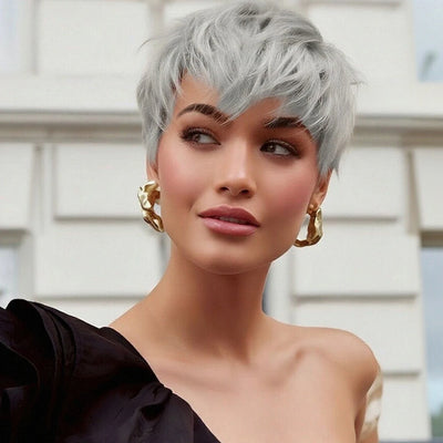 Short Gray Human Hair Wigs for Women with Bangs Layered Pixie Cut Wig Straight Hair with Machine Made Wig Bazilian Remy Hair