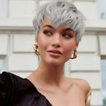 Short Gray Human Hair Wigs for Women with Bangs Layered Pixie Cut Wig Straight Hair with Machine Made Wig Bazilian Remy Hair