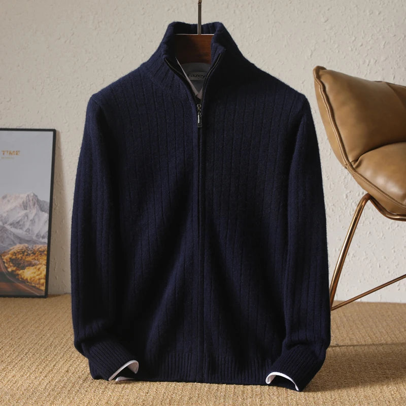 Men 100% Merino Wool Stand-Up Collar Cardigan Casual Knit Business Zipper Coat Autumn Winter Versatile Warm Men Cashmere Jacket