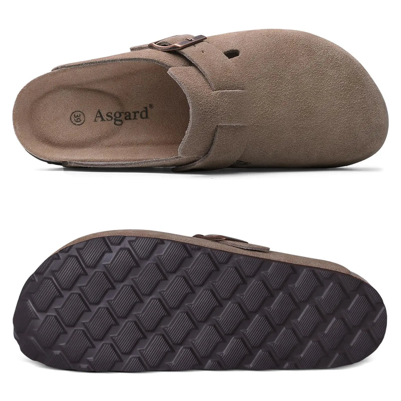 Asgard Women Suede Clogs Genuine Leather Mules Adjustable Buckle with Comfort Cork Footbed and Arch Support Aldult Potato Shoes