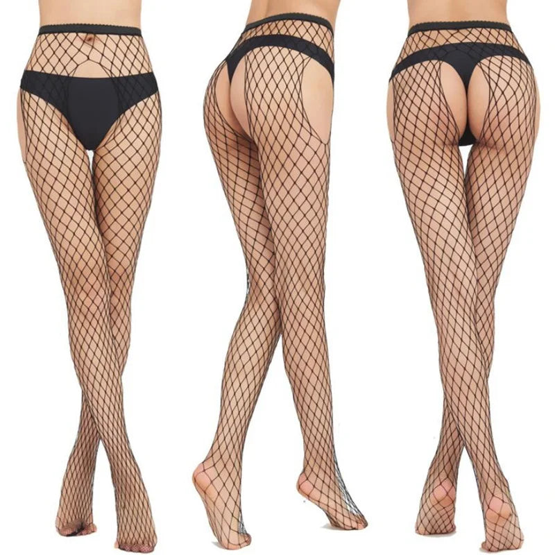 Women Long Sexy Hollow Out Fishnet Stockings Open Crotch Pantyhose Black High Waist Stocking Tights Panty Fishnet Lingerie Socks