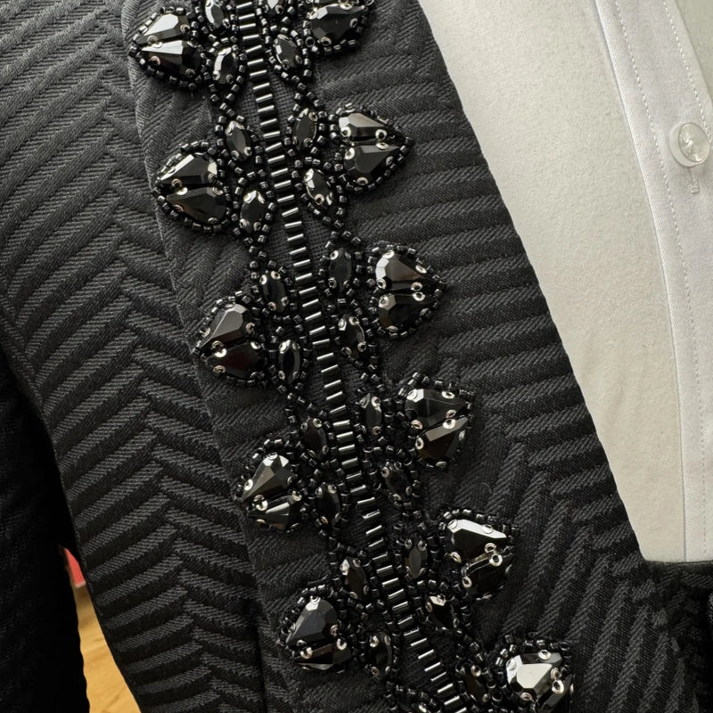 Gorgeous Sparkly Beaded Men's Suit Set 3 Pieces Banquet Party Wear,Black Jacquard Slim Fit Suits For Men Wedding Groom Sets