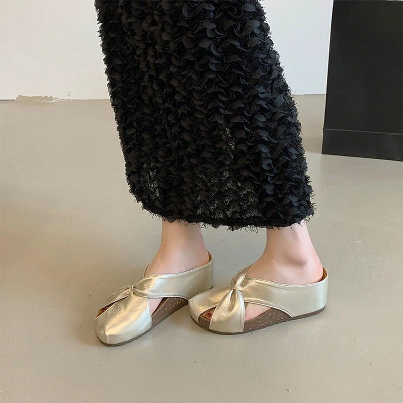 Metallic Wedge Sandals Women Cutout Bow Slippers Platform Thick Sole Closed Toe Mules Summer Outdoor Casual Beach Slides Shoes