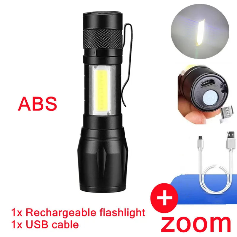 PwwQmm Portable USB LED Flashlight XPE COB Flashlight with 3 Modes Rechargeable Zoom Flashlight Light Waterproof Camping Light