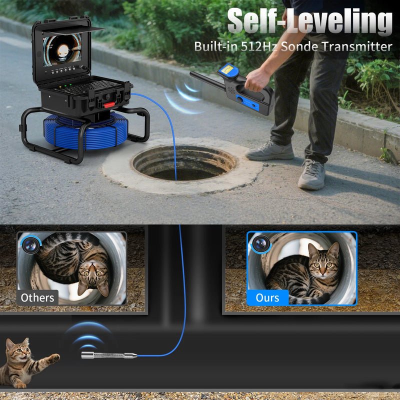 Sewer Pipe Inspection Camera With Keyboard Meter Counter,10" IPS Screen 7mm 512hz Self-Leveling AHD1080P Sewer Drain Borescope