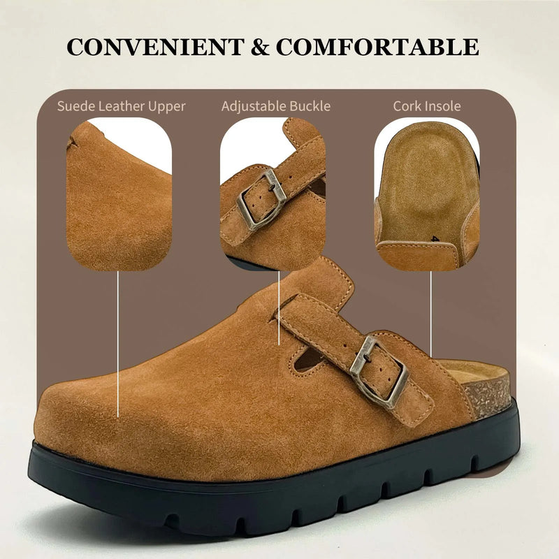 Chunky Platform Suede Leather Clogs Cork Arch Support Adjustable Buckle Non-Slip Mules For Women & Men