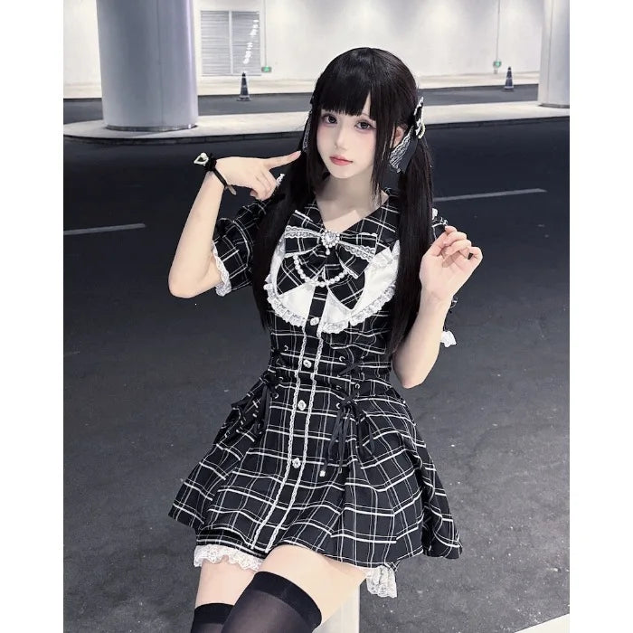 College-Style Retro Gray Plaid Shirt Dress for Women, Summer Sweet Little Girl's Bow Lace Waist-Cinching Short Dress