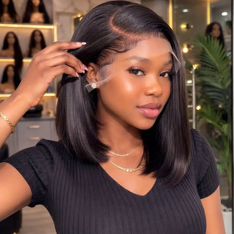 Straight Short Bob Wig Human Hair 13x4 Transparent Lace Front Wigs 230 Density Natural Black Bone Straight Short Human Hair Wigs
