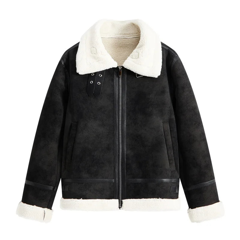 Men's Short Biker Style PU Leather Jacket Trendy Flight Coat Flip Collar Fur Lined Fashion Outerwear