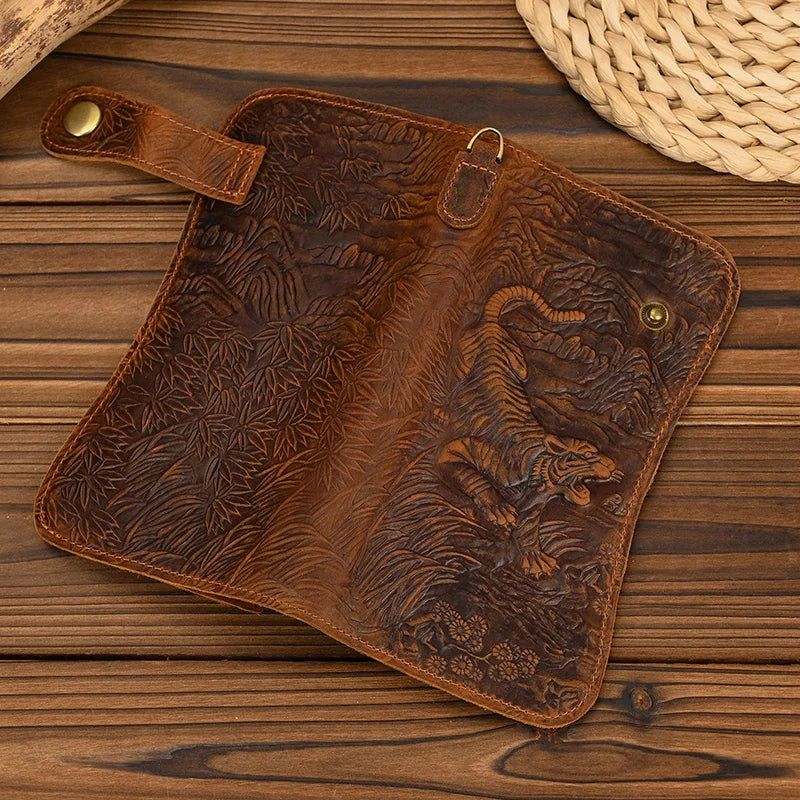 Men's Vintage Crazy Horse Leather Chain Wallet Genuine Leather Bifold Long Wallet Snap Card Holder Purse Zipper Coin Rfid Pocket