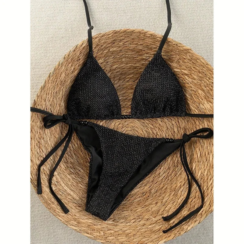 Sexy plain beads micro bikinis sets two pieces thong | SAMAG