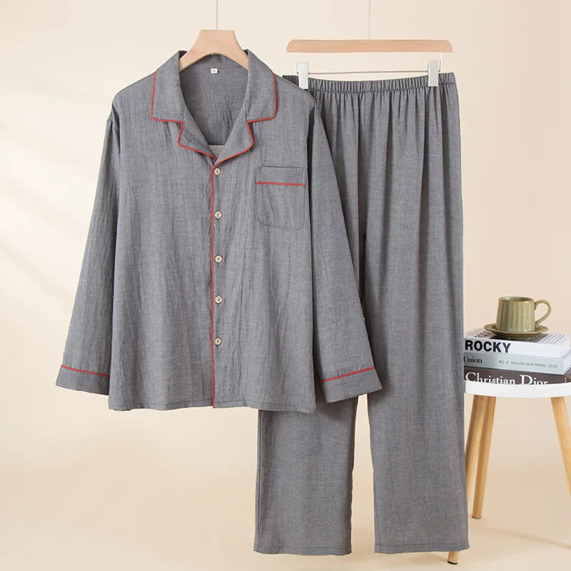 Sleepwear Summer Male Pajamas Set Man Pure Cotton Men's Pajama Set Long Sleeves Long Pants Home Wear Outside 2pcs Lounge
