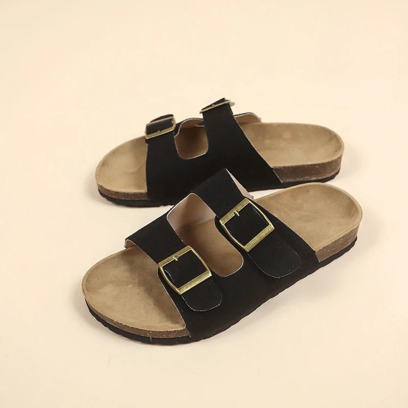 Women's Flat Outdoor Beach Casual Slippers Man Sliders Thick Sole Leather Cork Sole Sandals and Slippers