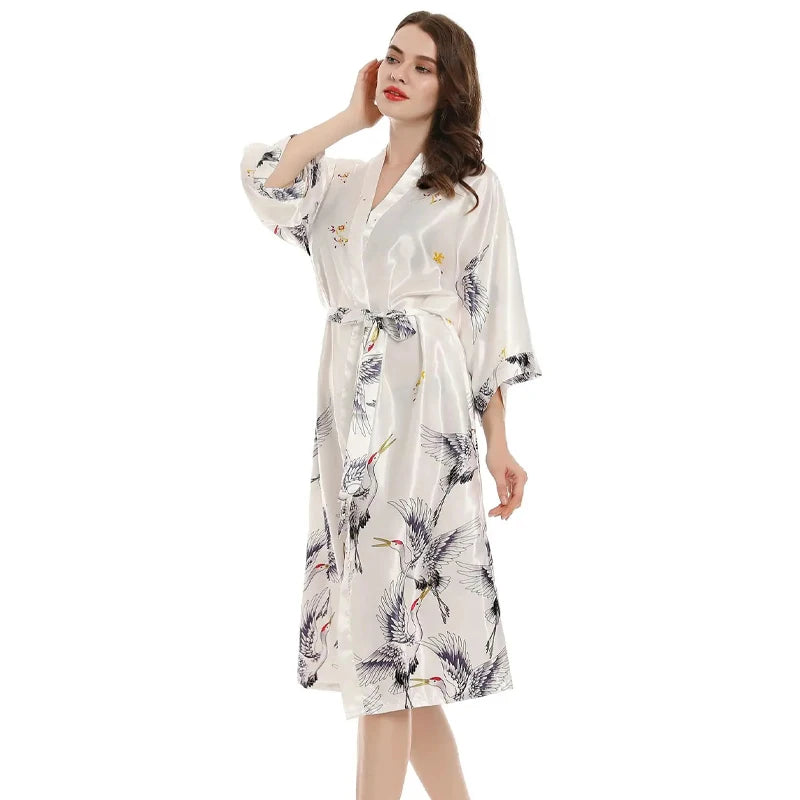 Linccure Women's Crane Print Satin Kimono Robe Silky Half | SAMAG