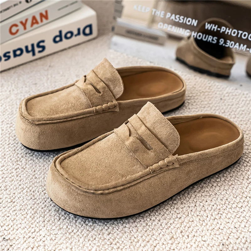 Fashion Comfortable Men's Casual Shoes Leather Loafers Half Slippers Slip-on Lazy Driving Shoes Couple Breathable Walking Shoes
