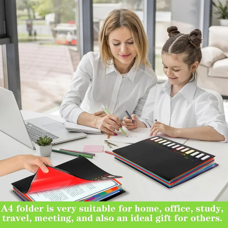 A4 expandable file folder with 12 compartments and 24 pockets, for organizing and storing documents and office supplies.