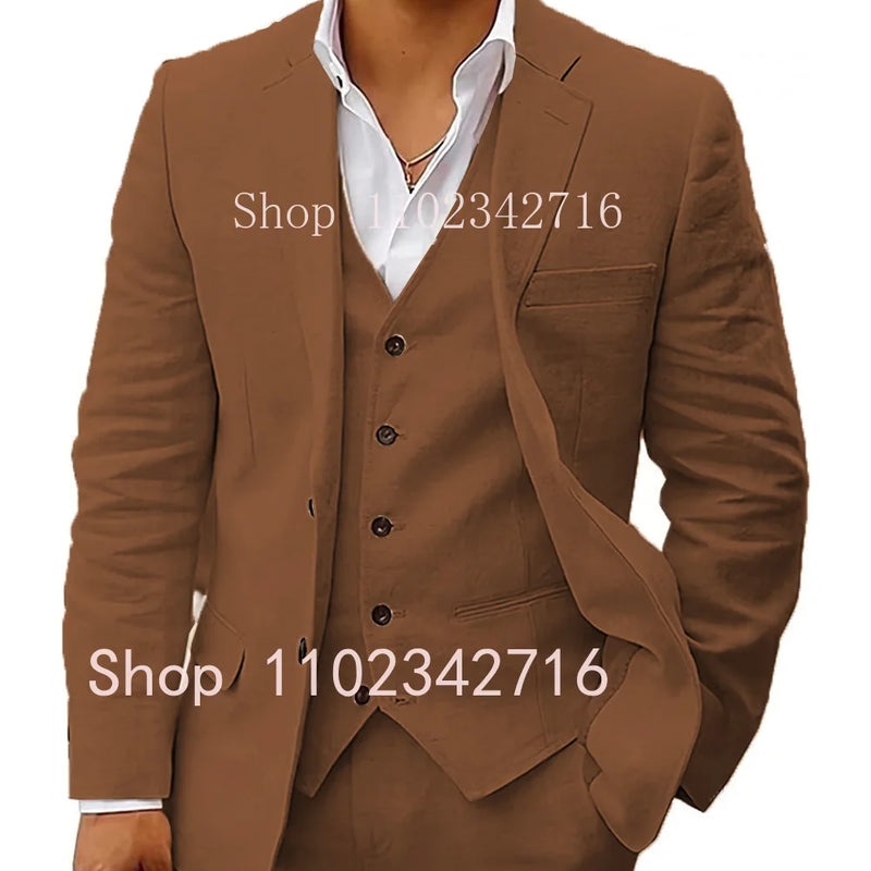 3 Piece Linen Summer Men Suits for Wedding Groom Tuxedos 2023 Casual Beach Custom Man Suit Set Jacket Vest with Pants Man Fahion