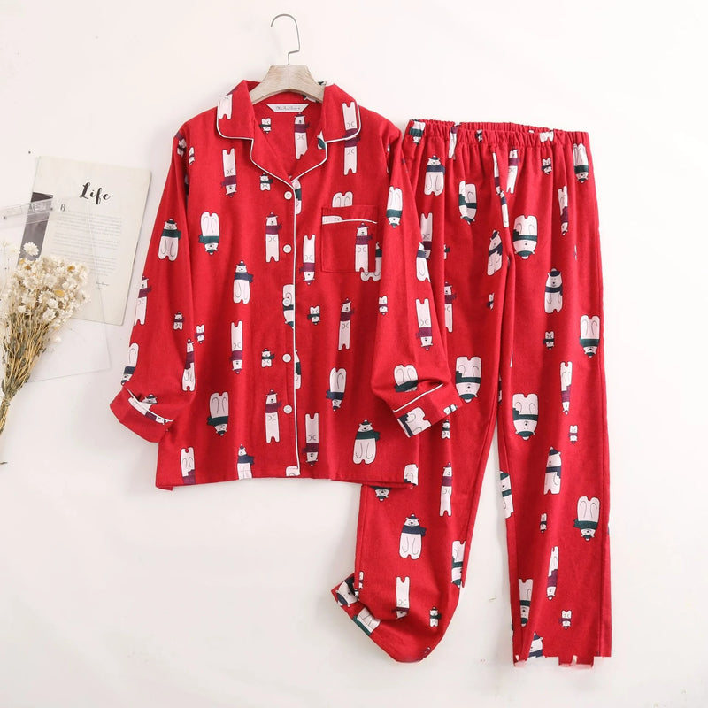 Cotton Flannel Women's Long Pants Pajamas Sets for Sleepwear Plaid Design Loose Autumn and Winter Long Sleeve Trouser Suits