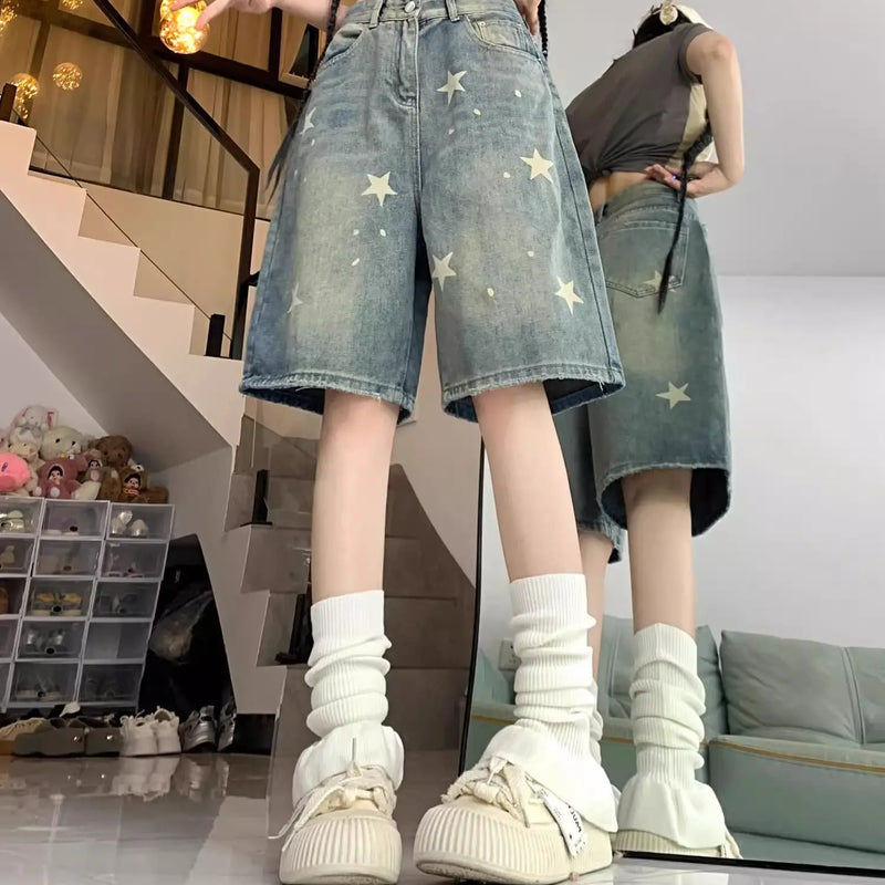 Casual Floral Print Loose Wide Leg Womens Jeans New American Retro Star Design Straight Leg Comfort Stretch Soft Denim Shorts
