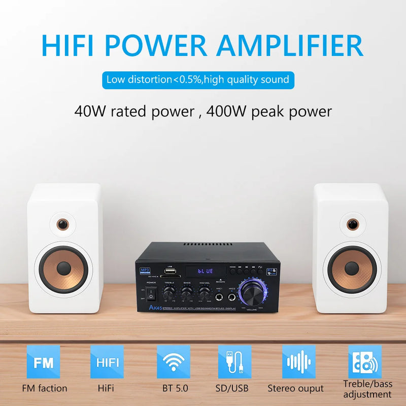 HiFi Digital Amplifier AK45 Bluetooth Amplify MP3 Channel 2.0 Surround Sound Amplifiers Support 90V-240V for Home Car MAX 350W*2