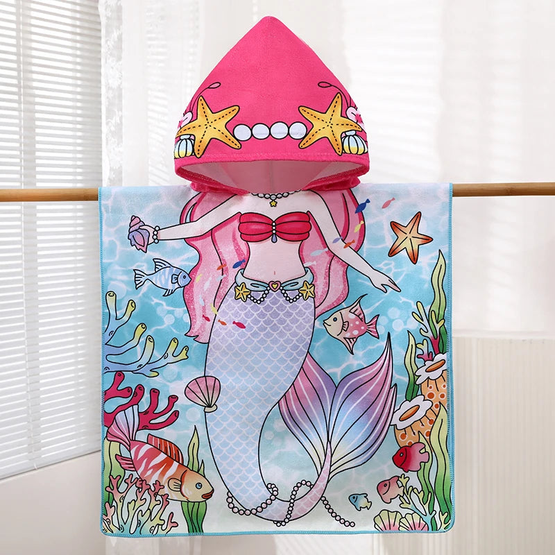 1 Cartoon Hooded Bathrobe Suitable for Boys and Girls, Can Be Unfolded into a Flat Blanket, Polyester Fiber Bath Towel, Children's Small Cape, Water-Absorbent Quick-Dry Beach Towel, Cute Cartoon Swimming Bathrobe for Babies,